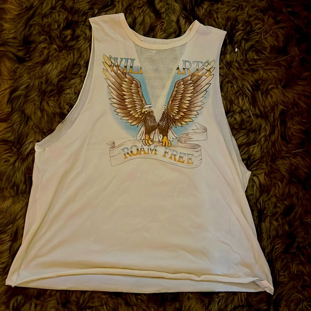 Sleeveless white tank with eagle graphic